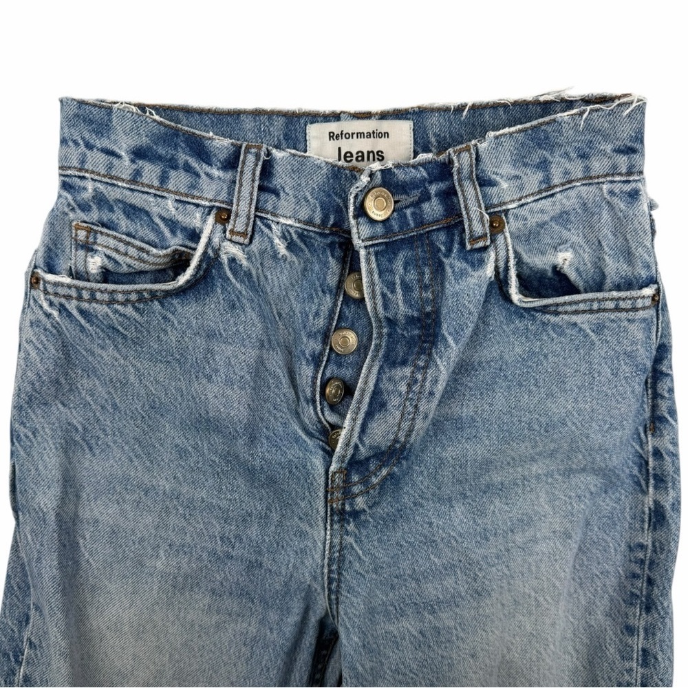 Reformation Perfectly Distressed Cynthia High-Rise Straight Jeans In Blue Sz 23 - Picture 6 of 12